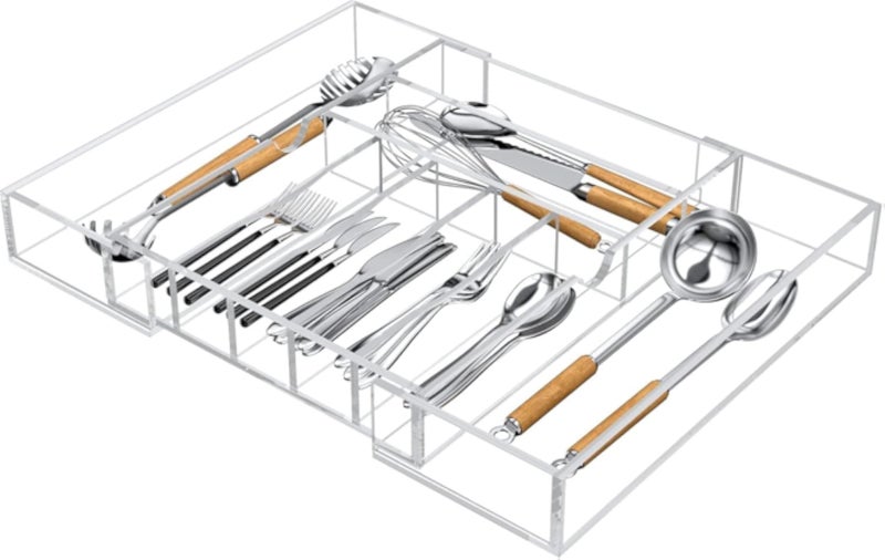 BEST MEDIA Clear Acrylic Expandable Drawer Organizer, Adjustable Cutlery Tray for Flatware Utensils and Supplies, 53.3 cm Wide, 7 Compartments with Sliding Sides for Kitchen Office or Bathroom Use